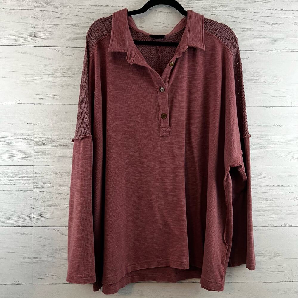 Heyson Dusty Pink Long Sleeve Henley Quarter Button Top Size 2XL